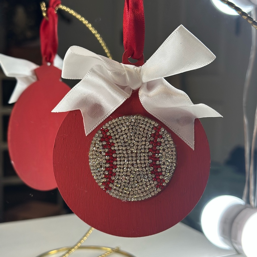Festive Red Baseball Wood Ornament with White Bow
